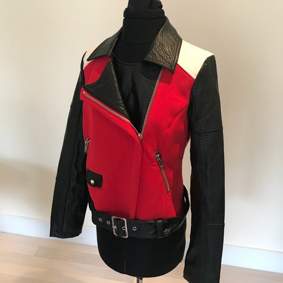 Express Color Block Moto Jacket Red Black & White - Picture 4 of 7